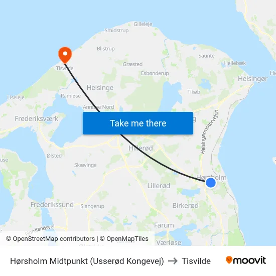 Hørsholm Midtpunkt (Usserød Kongevej) to Tisvilde map