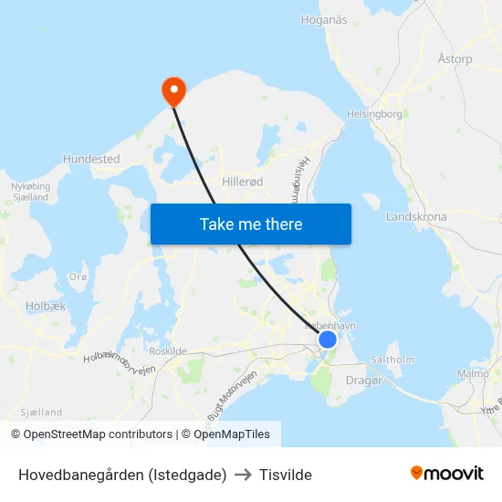 Hovedbanegården (Istedgade) to Tisvilde map