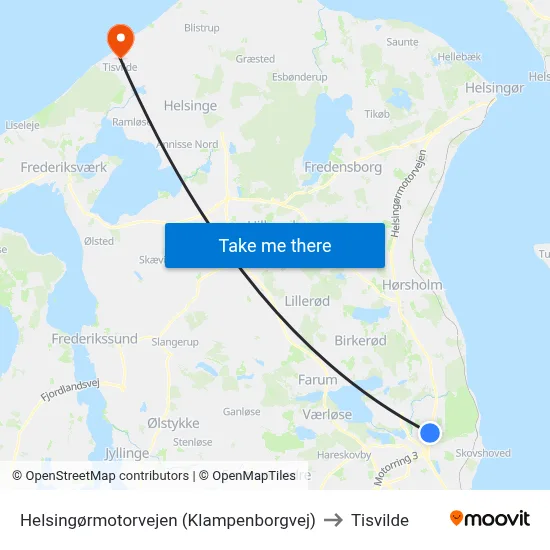 Helsingørmotorvejen (Klampenborgvej) to Tisvilde map