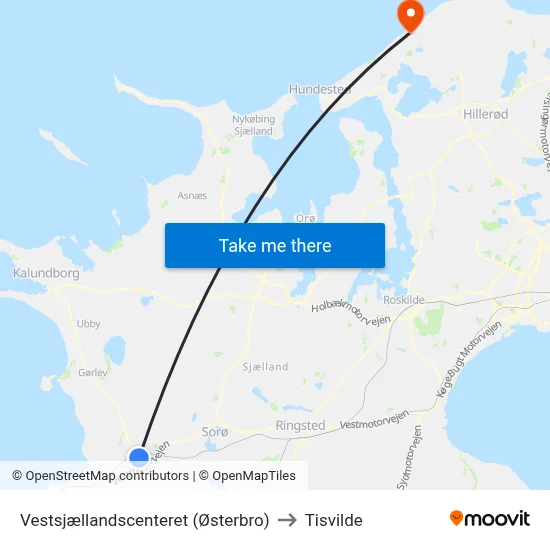 Vestsjællandscenteret (Østerbro) to Tisvilde map
