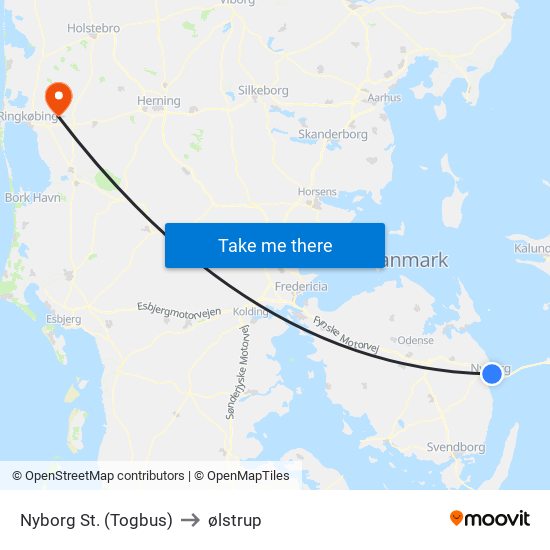 Nyborg St. (Togbus) to ølstrup map