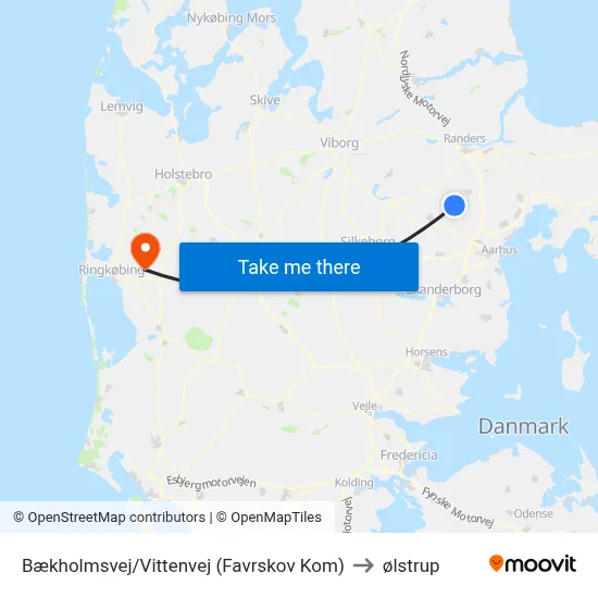 Bækholmsvej/Vittenvej (Favrskov Kom) to ølstrup map