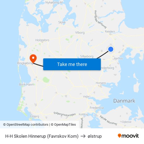 H-H Skolen Hinnerup (Favrskov Kom) to ølstrup map