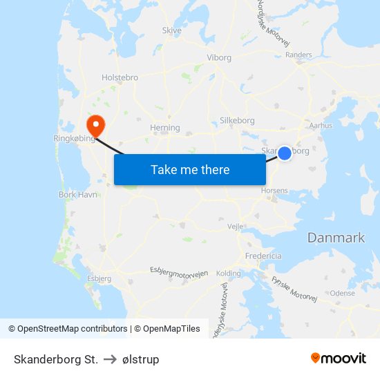Skanderborg St. to ølstrup map
