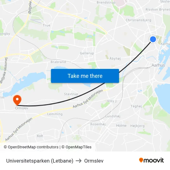 Universitetsparken (Letbane) to Ormslev map