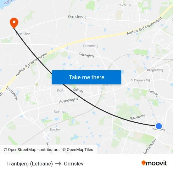 Tranbjerg (Letbane) to Ormslev map
