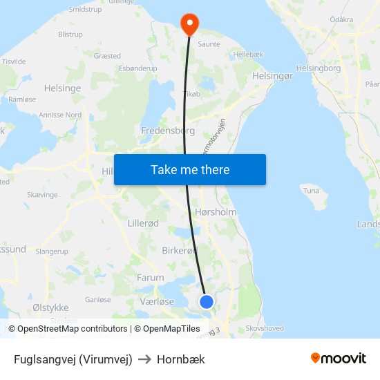 Fuglsangvej (Virumvej) to Hornbæk map