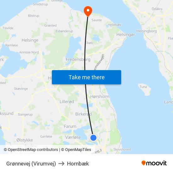 Grønnevej (Virumvej) to Hornbæk map