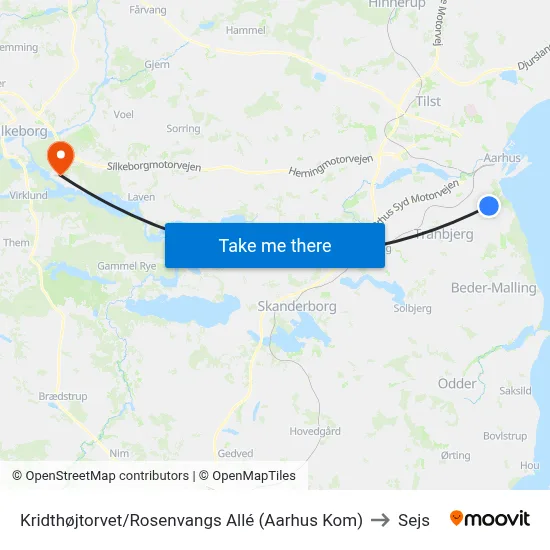 Kridthøjtorvet/Rosenvangs Allé (Aarhus Kom) to Sejs map