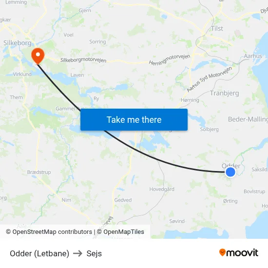 Odder (Letbane) to Sejs map