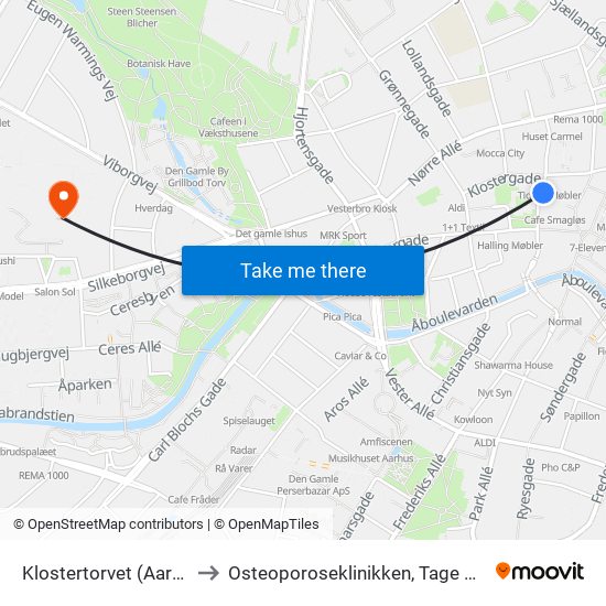 Klostertorvet (Aarhus Kom) to Osteoporoseklinikken, Tage Hansens Gade map