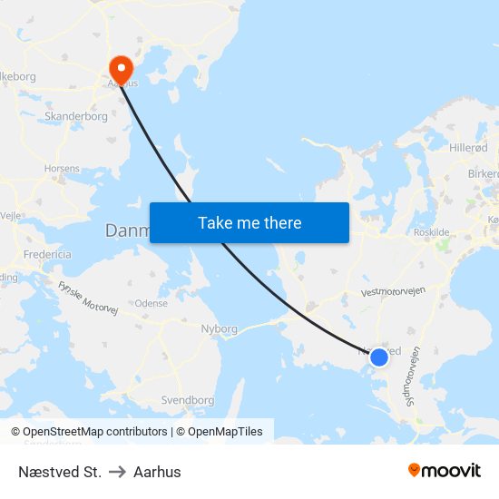 Næstved St. to Aarhus map