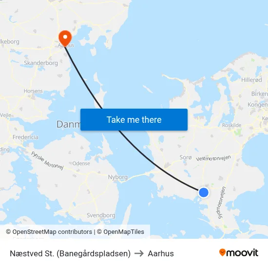 Næstved St. (Banegårdspladsen) to Aarhus map