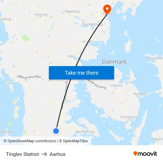 Tinglev Station to Aarhus map