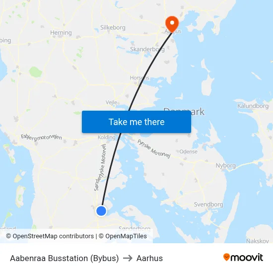 Aabenraa Busstation (Bybus) to Aarhus map