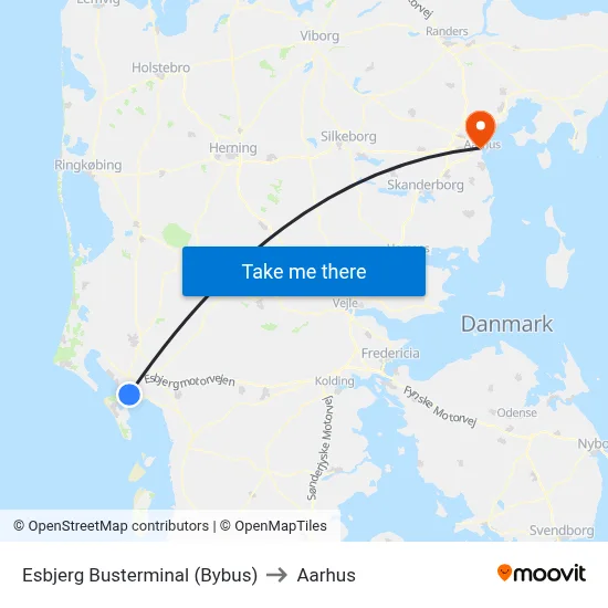 Esbjerg Busterminal (Bybus) to Aarhus map