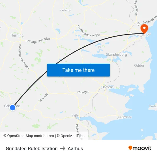 Grindsted Rutebilstation to Aarhus map