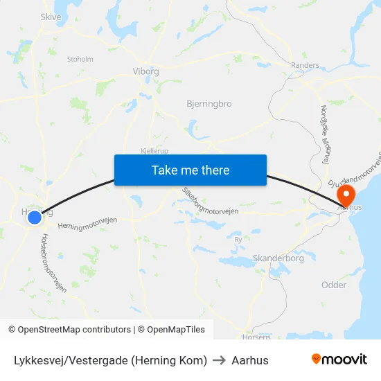 Lykkesvej/Vestergade (Herning Kom) to Aarhus map