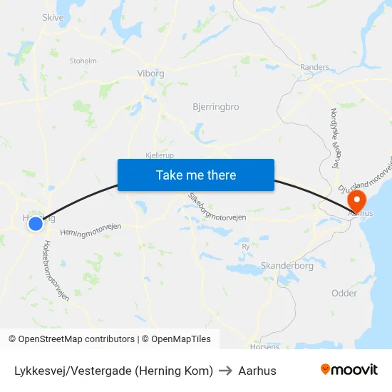 Lykkesvej/Vestergade (Herning Kom) to Aarhus map