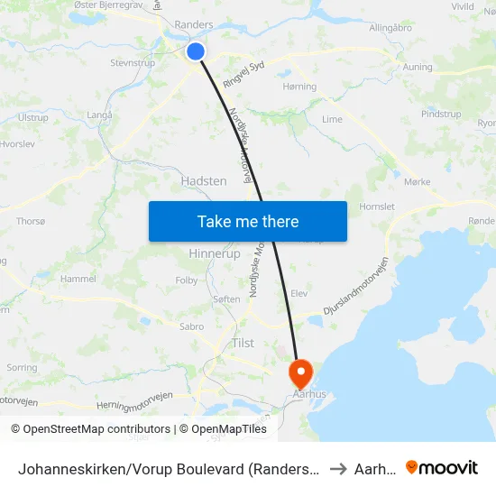 Johanneskirken/Vorup Boulevard (Randers Kom) to Aarhus map