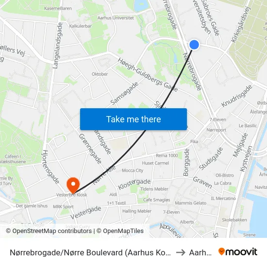 Nørrebrogade/Nørre Boulevard (Aarhus Kom) to Aarhus map