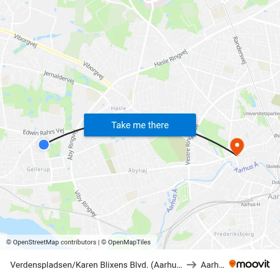 Verdenspladsen/Karen Blixens Blvd. (Aarhus Kom) to Aarhus map