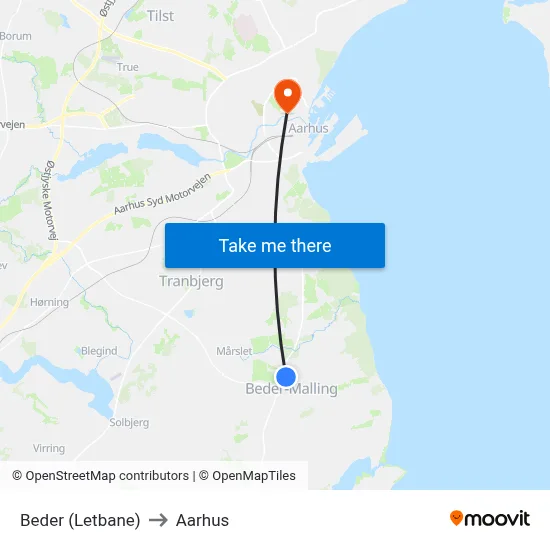 Beder (Letbane) to Aarhus map