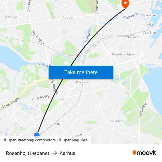 Rosenhøj (Letbane) to Aarhus map