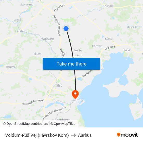 Voldum-Rud Vej (Favrskov Kom) to Aarhus map