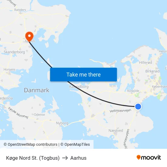 Køge Nord St. (Togbus) to Aarhus map