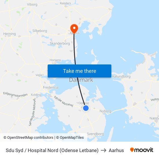 Sdu Syd / Hospital Nord (Odense Letbane) to Aarhus map