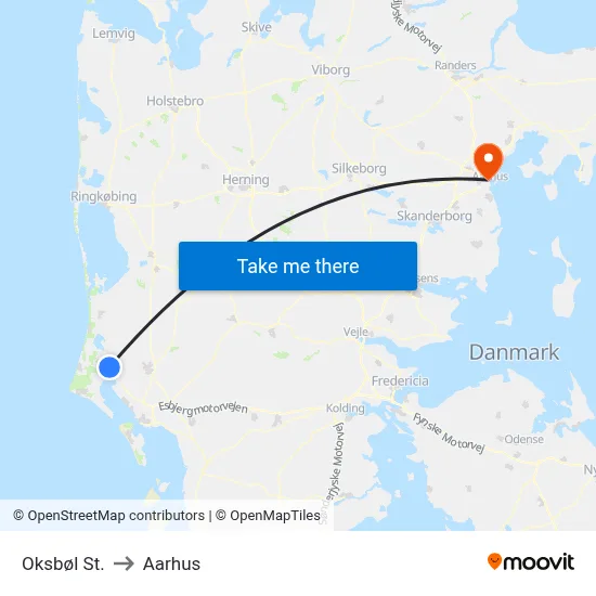 Oksbøl St. to Aarhus map