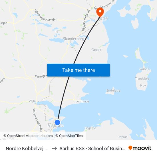 Nordre Kobbelvej V Vendepladsen (Fredericia) to Aarhus BSS - School of Business and Social Sciences, Aarhus University map