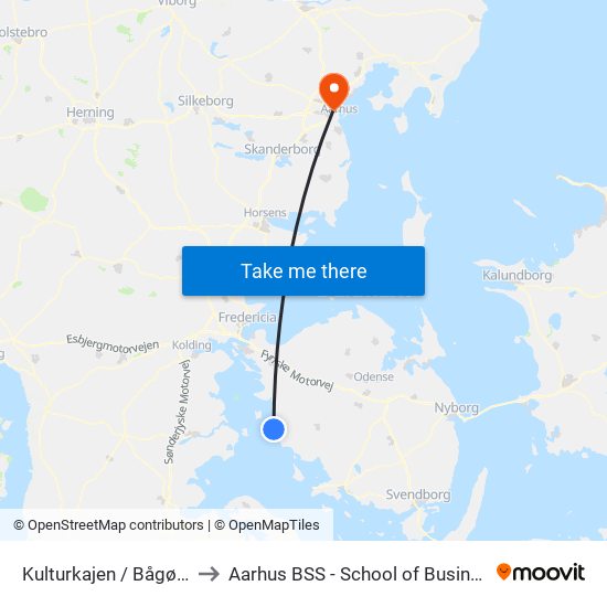 Kulturkajen / Bågøfærgen (Assens Kommune) to Aarhus BSS - School of Business and Social Sciences, Aarhus University map