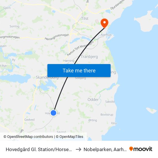 Hovedgård Gl. Station/Horsensvej (Horsens Kom) to Nobelparken, Aarhus Universitet map