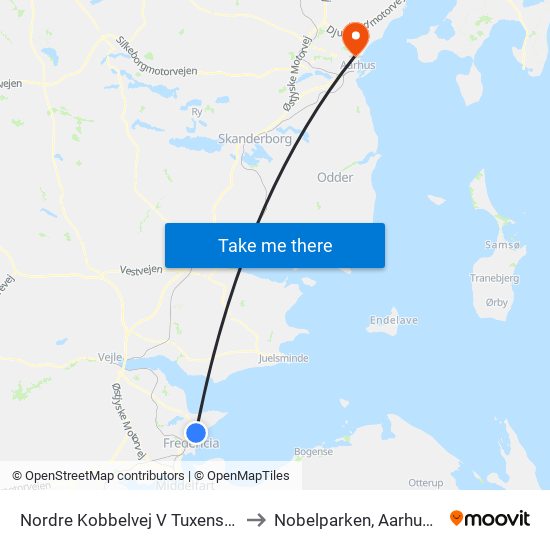 Nordre Kobbelvej V Tuxensvej (Fredericia) to Nobelparken, Aarhus Universitet map