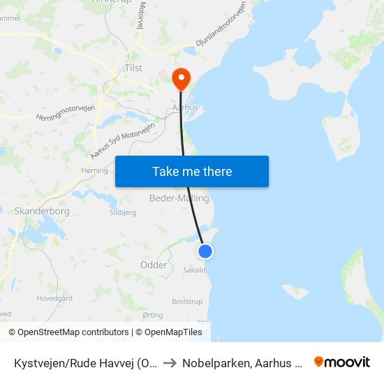 Kystvejen/Rude Havvej (Odder Kom) to Nobelparken, Aarhus Universitet map