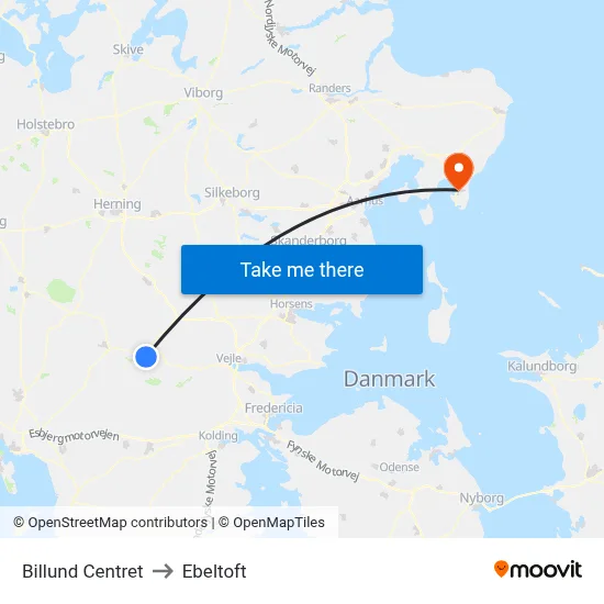 Billund Centret to Ebeltoft map