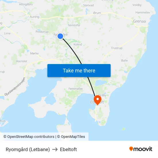 Ryomgård (Letbane) to Ebeltoft map