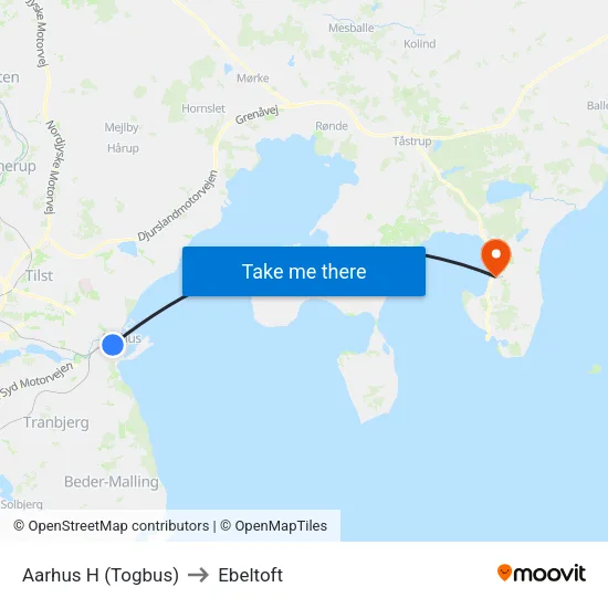 Aarhus H (Togbus) to Ebeltoft map