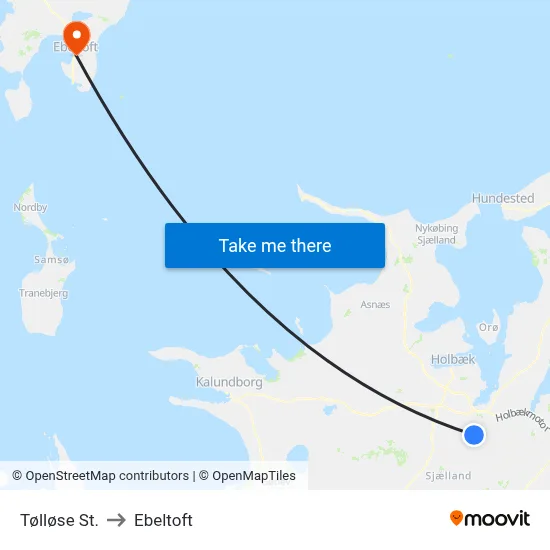 Tølløse St. to Ebeltoft map