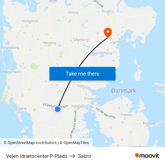 Vejen Idrætscenter P-Plads to Sabro map