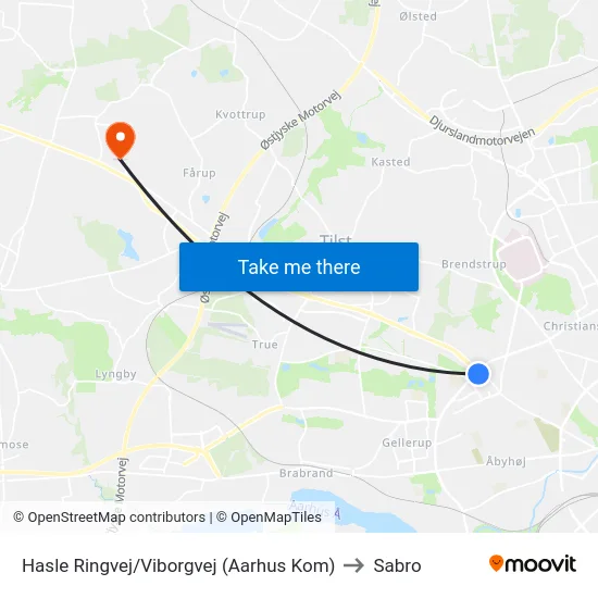 Hasle Ringvej/Viborgvej (Aarhus Kom) to Sabro map