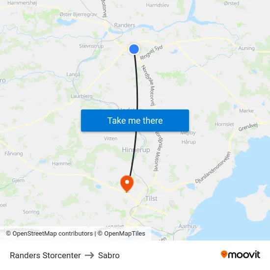Randers Storcenter to Sabro map