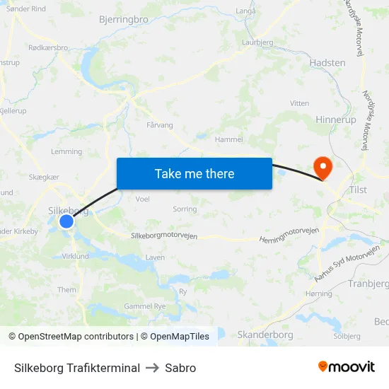 Silkeborg Trafikterminal to Sabro map