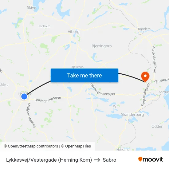 Lykkesvej/Vestergade (Herning Kom) to Sabro map