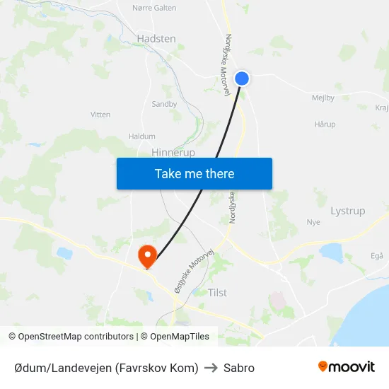 Ødum/Landevejen (Favrskov Kom) to Sabro map