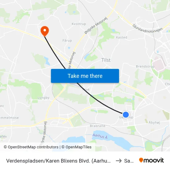 Verdenspladsen/Karen Blixens Blvd. (Aarhus Kom) to Sabro map