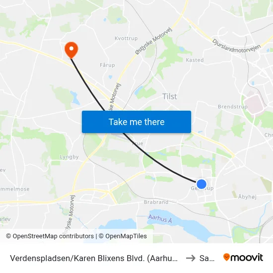 Verdenspladsen/Karen Blixens Blvd. (Aarhus Kom) to Sabro map