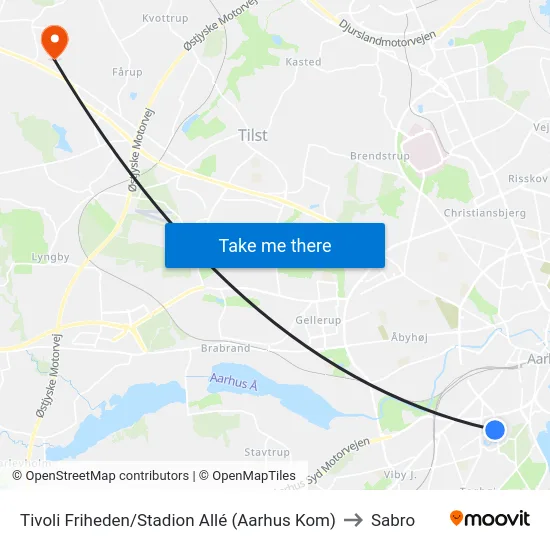 Tivoli Friheden/Stadion Allé (Aarhus Kom) to Sabro map